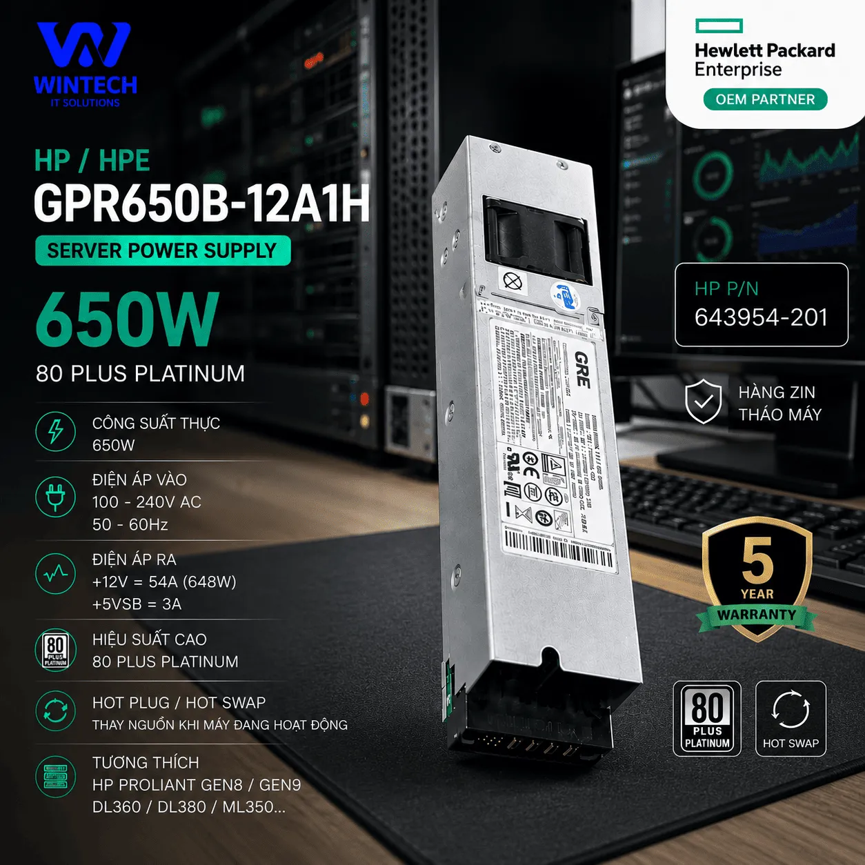 Bộ Nguồn Server Chuyên Dụng HPHPE 650W GPR650B-12A1H Mới 90%