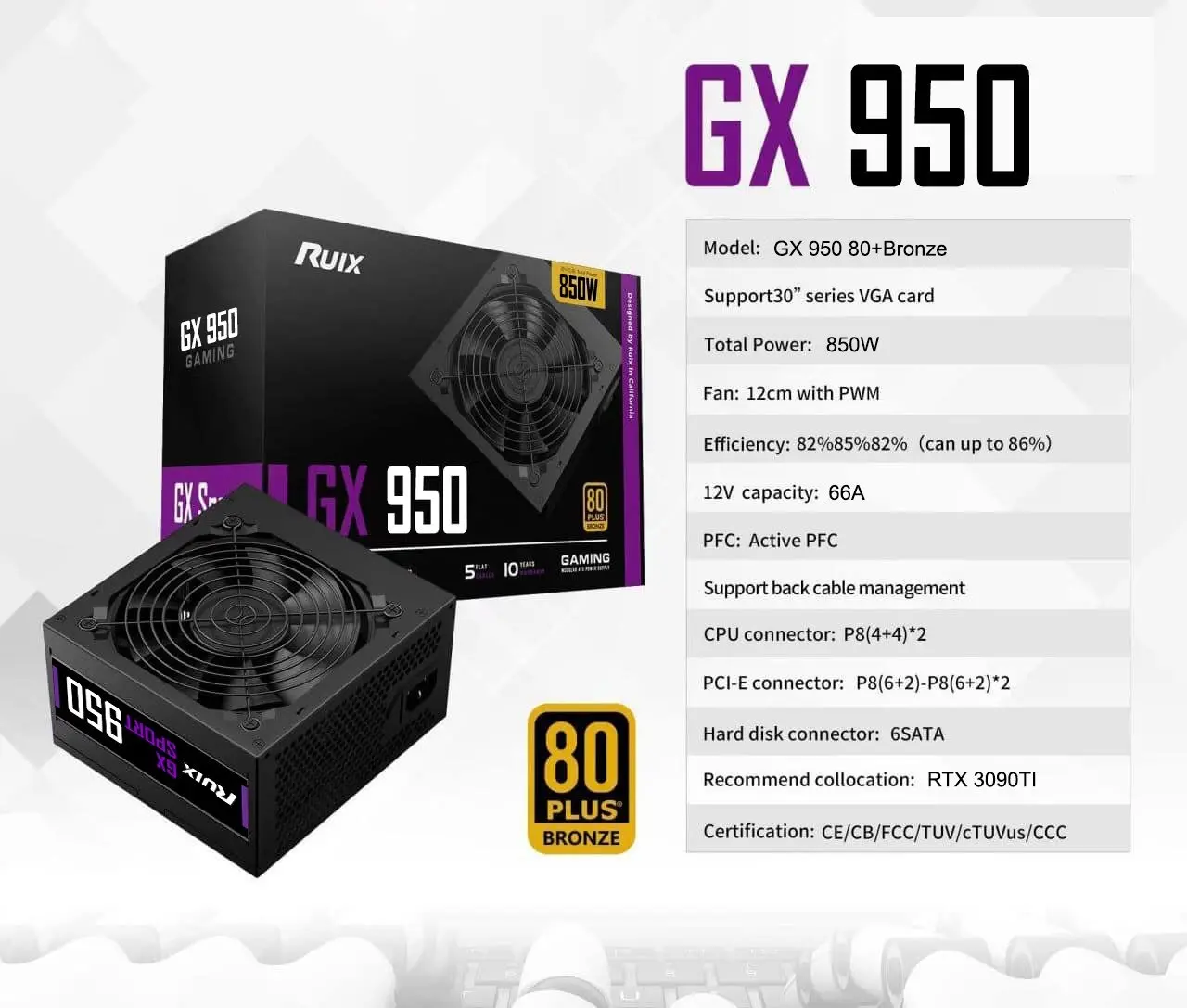 Nguồn Máy Tính CST RUIX GX950 850W 80 Plus Bronze