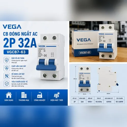 CB Đóng Ngắt AC 2P Vega 32A – VGCB7-63