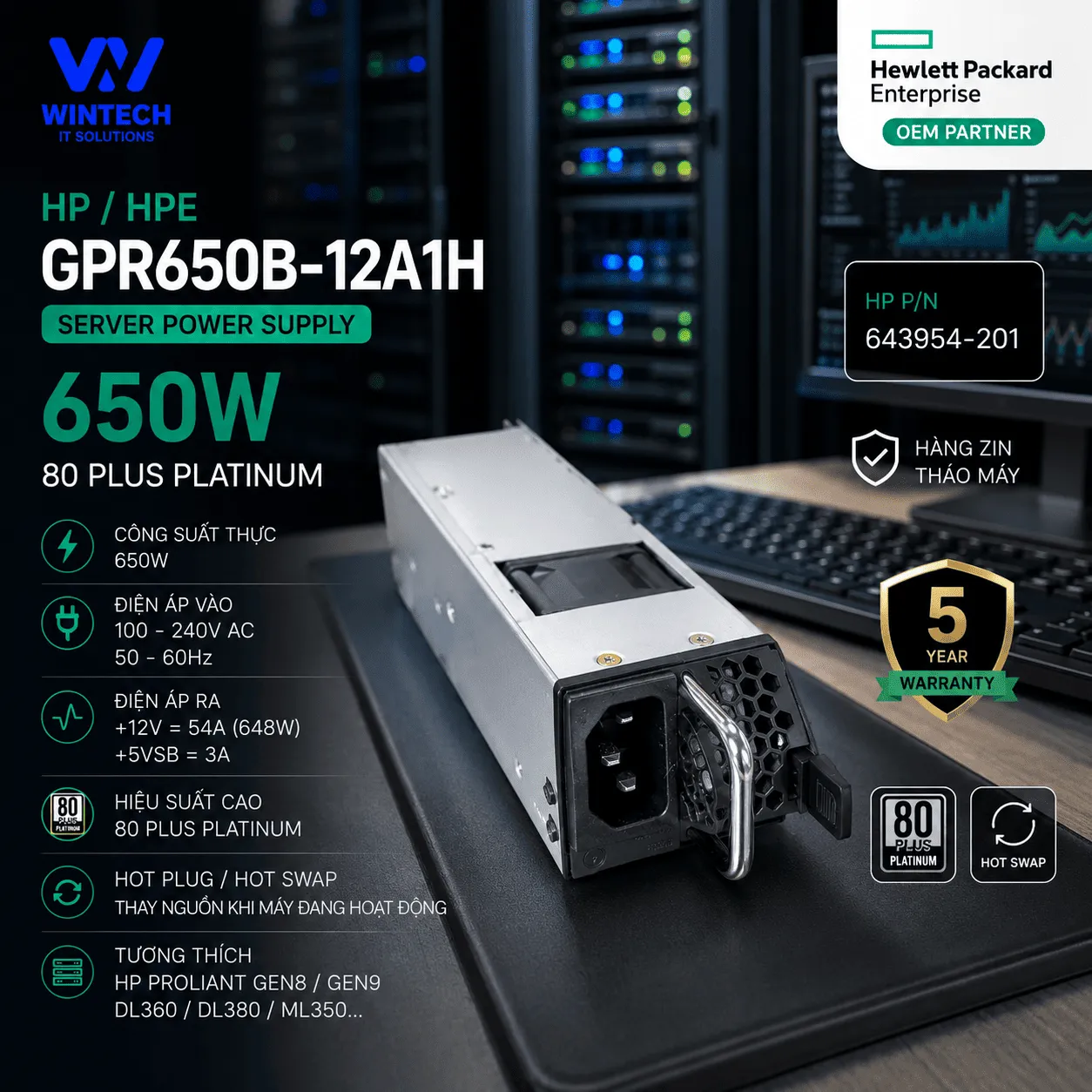 Bộ Nguồn Server Chuyên Dụng HPHPE 650W GPR650B-12A1H Mới 90%