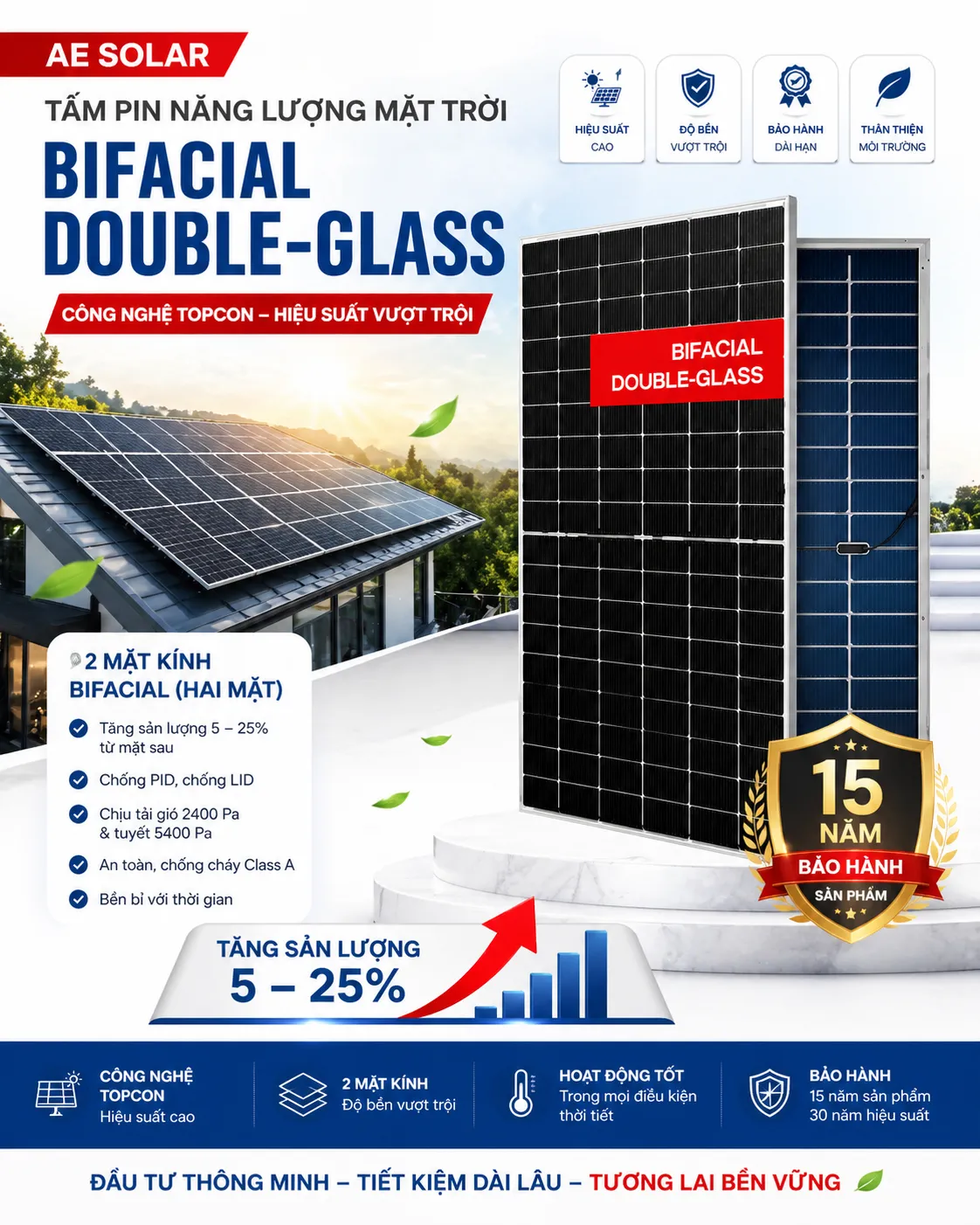 Tấm Pin Năng Lượng Mặt Trời AE Solar 720W, 2 Mặt Kính